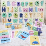アルファベット（大文字、小文字）型はめパズル　単語カード付き　英語　知育玩具　教育　シール貼り　アルファベットパズル　子ども 英語パズル　モンテッソーリ　2歳　3歳　4歳　パズル